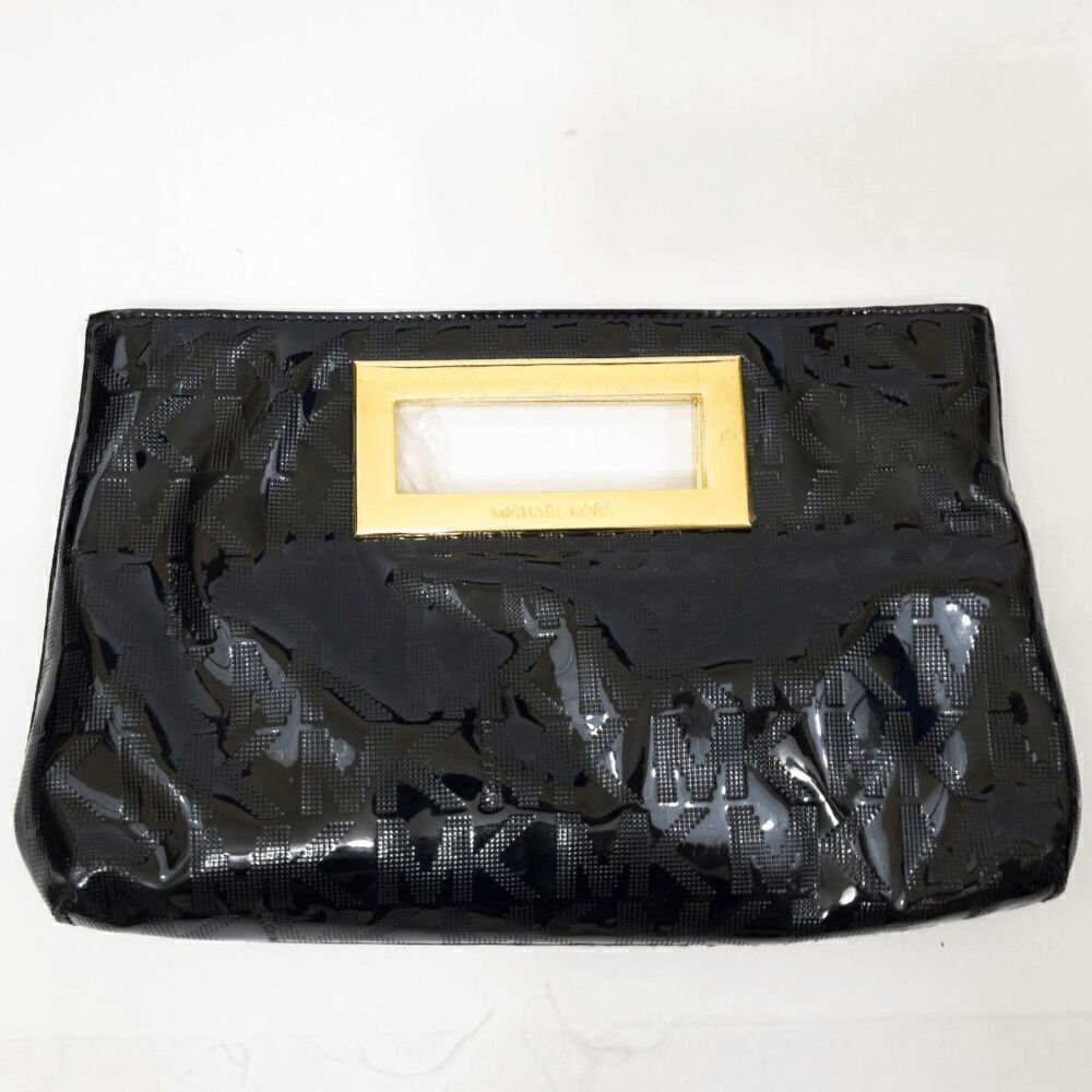 Michael Kors Black Patent Leather Logo Patterned Clutch Purse
